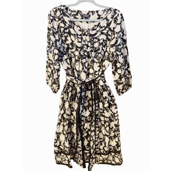 Italian Floral Midi Dress/BLK WHT, Cotton, Puffed 3/4 Sleeve, Waist Tie, Boho‎ L - Picture 1 of 5